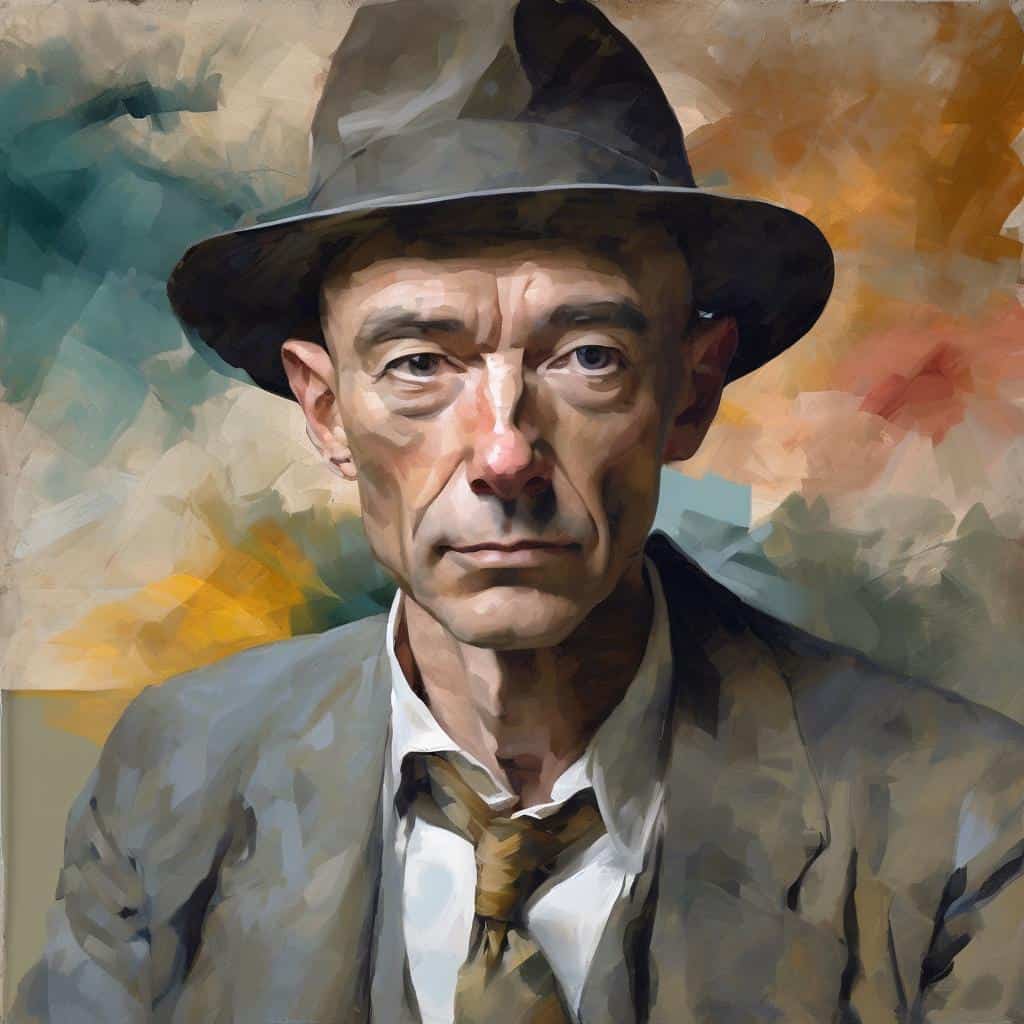 Φωτογραφία σε ζωγραφικό στυλ ενός διάσημου καλλιτέχνη με καπέλο, βασισμένο σε ποπ αρτ, που αναδεικνύει την ιστορία των σημαντικών καλλιτεχνών και τα αριστουργήματά τους.