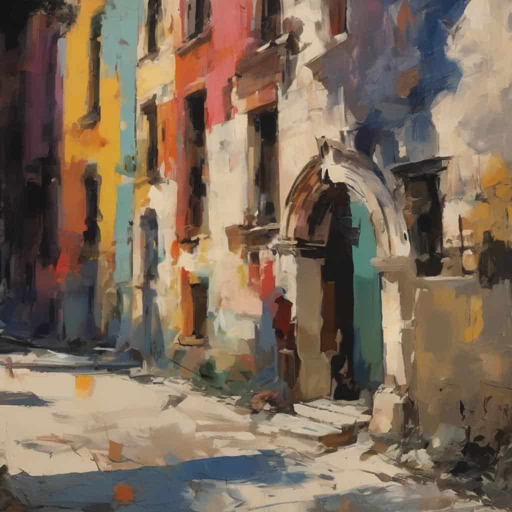 Γραφική εικόνα παλαιάς ιστορικής πόλης με πολύχρωμα κτίρια και αρχοντική είσοδο, σε ζωγραφικό ύφος με έντονες πινελιές και φωτεινά χρώματα.