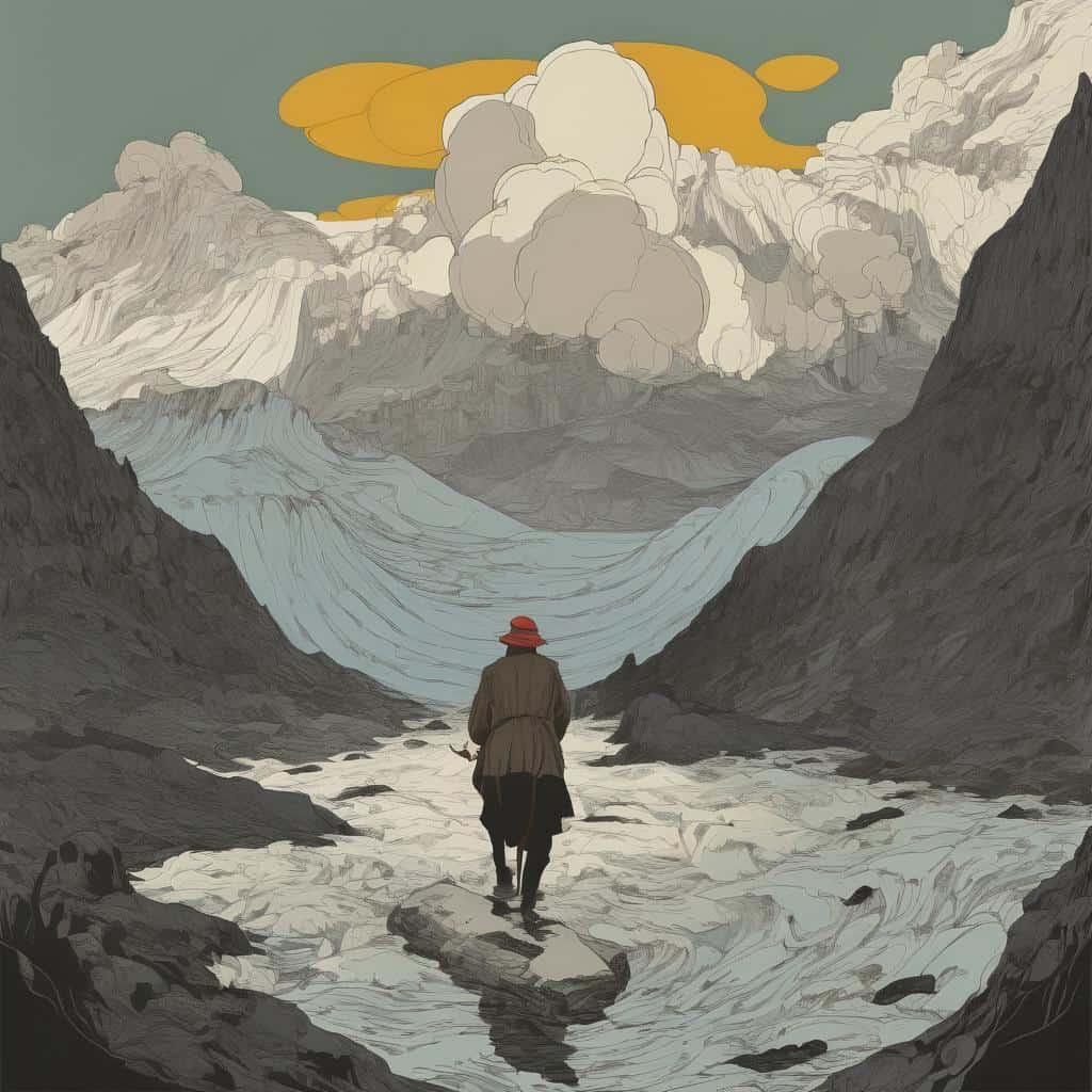 Ο άνδρας σε ποτάμι ανάμεσα σε βουνά με σύννεφα και έντονο ουρανό, αποτυπώνει το μεγαλείο της φύσης μέσα από μια ρομαντική και δυναμική τοπιογραφία.